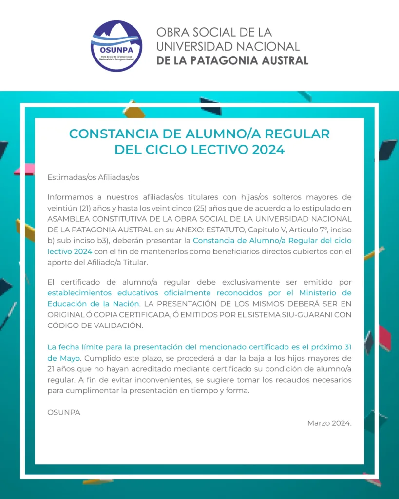 Constancia de alumno regular ciclo lectivo 2024